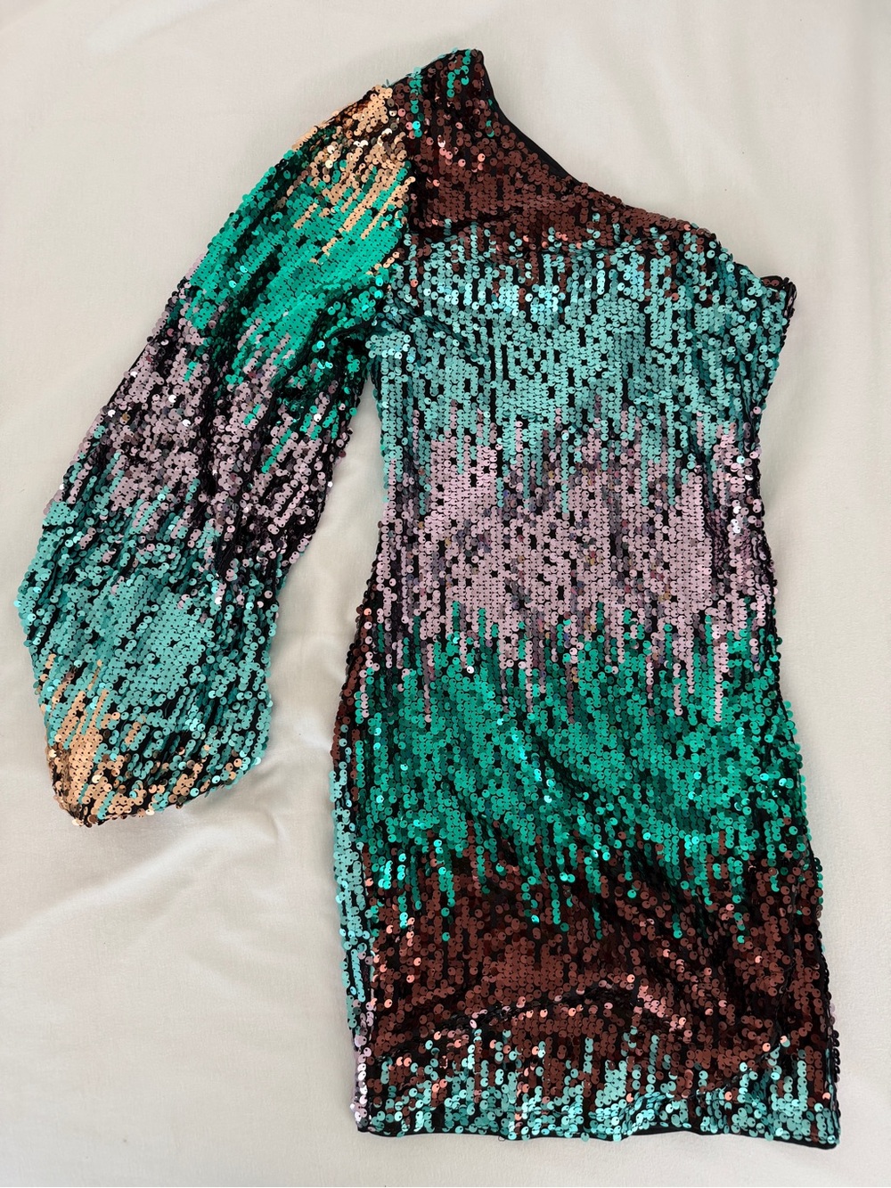 SHEIN BAE One-Shoulder Sequin Asymmetrical Dress in Teal, Pink, Brown, Gold